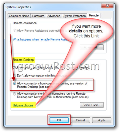 Windows 7 - Remote Settings Enable RDP Radio Button