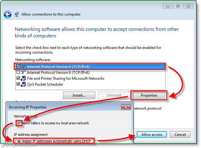 adjust internet protocal 4 properties and allow callers to access local area network