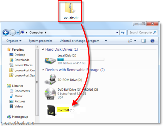 moving update.zip to the microsd drive on your computer